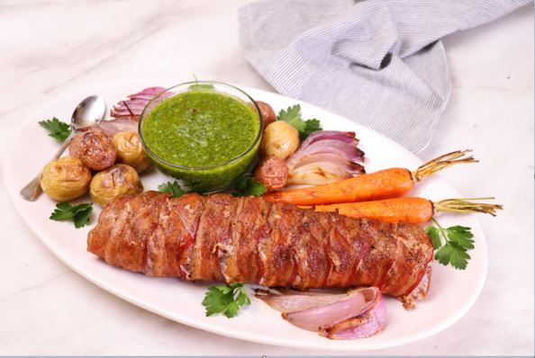 Image for Bacon-Wrapped Pork Tenderloin with Vegetables and Gremolata