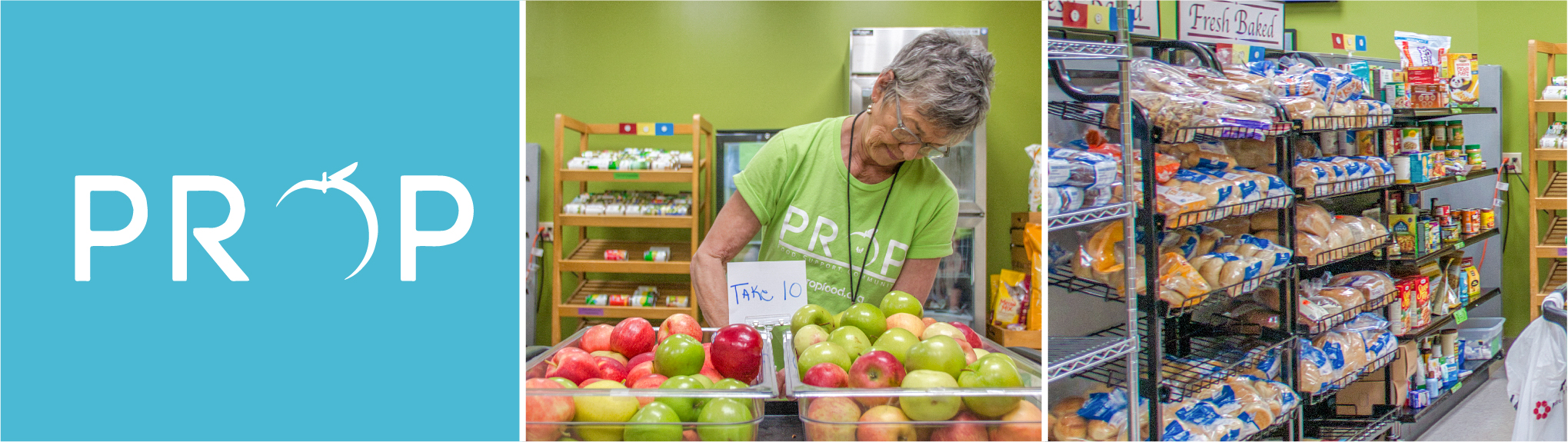 PROP Logo, Food Shelf Volunteer Packs Apples, Bread Shelves