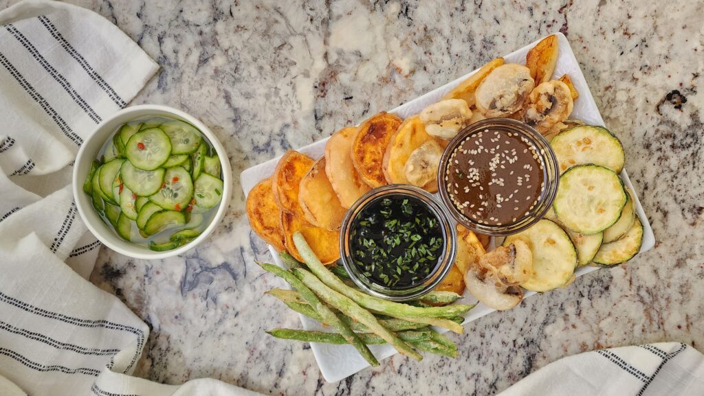 Image for Baked Tempura Veggies with Dipping Sauces and Quick Pickles